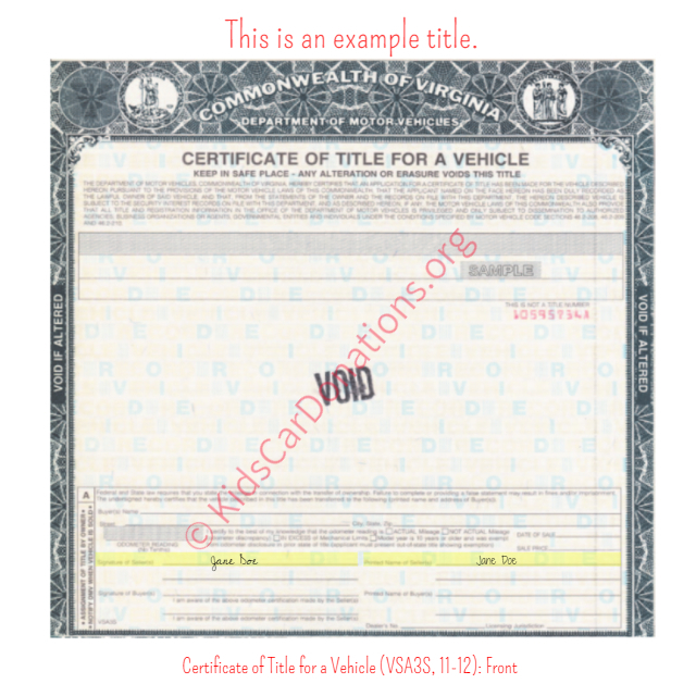 This is an Example of Virginia Certificate of Title for a Vehicle (VSA3S, 11-12) Front View | Kids Car Donations